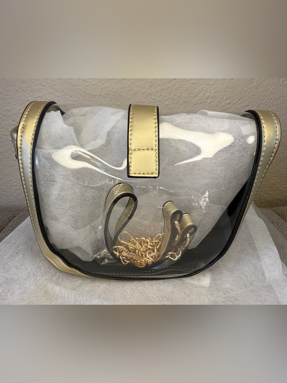 Clear Transparent Saddle Bag Purse, Gold w/ Chain Crossbody - Zenana Outfitters - Picture 3 of 16